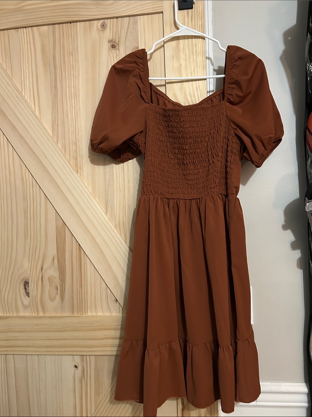 SHEIN Rust Brown Puff Sleeve Smocked Mini Dress